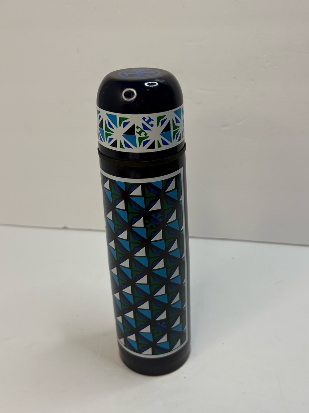 Tory Burch Geometric Insulated Thermos Bottle 17 oz Blue Green Navy Travel Mug